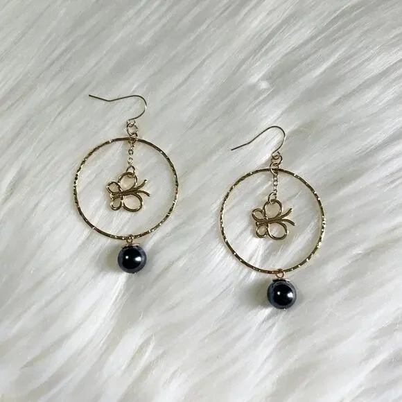 Gold Plated Butterfly Tahitian Pearl Floral Hawaiian Dangle Hoops Earrings - Picture 1 of 2